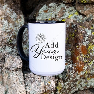 15 oz Mug Mockup with Black Handle, Natural Outdoors, White Mug on Granite Rocks with Bright Lichen, Cup with accent handle Image, JPG
