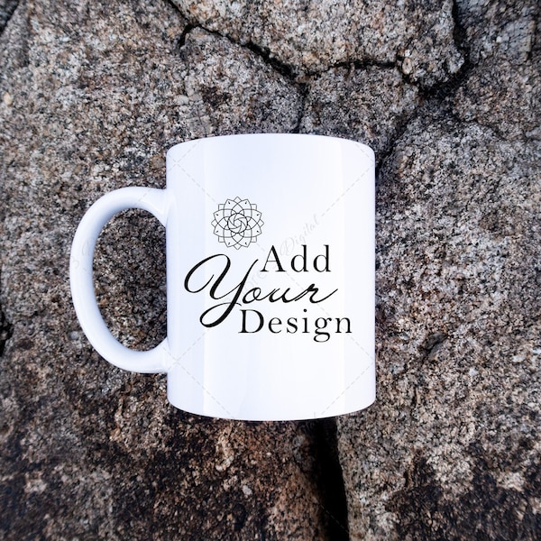 Mug Mockup, White Mug on a Dark Rock Background in Nature, Hiking Outdoors, White Cup with Handle Image, JPG to overlay your own designs