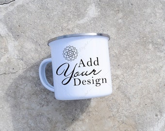 Enamel Mug Mockup, JPG to overlay your Design, White Camping Mug with Silver Rim, Lifestyle Photo in Desert Scene, Flat Lay View from Above
