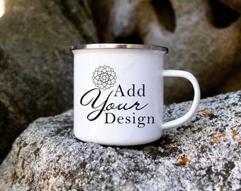 Enamel Mug Mockup, White Camping Mug with Silver Rim, Styled Product Photo Outdoors on Gray Rocks , Jpg Instant Download File