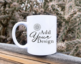 Mug Mockup Sitting on a Wood Fence with Cactus Background, Outdoors with Prickly Cacti Desert Product Photography Setting, JPG