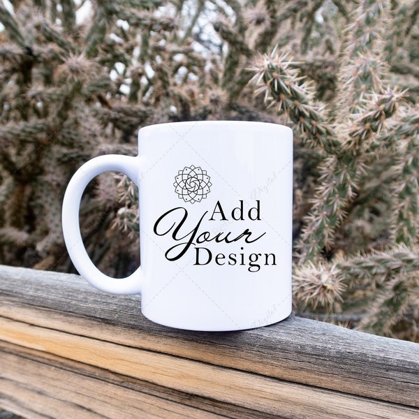 Mug Mockup Sitting on a Wood Fence with Cactus Background, Outdoors with Prickly Cacti Desert Product Photography Setting, JPG