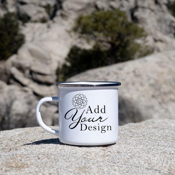 Enamel Mug Mockup, White Camping Mug with Silver Rim, Styled Product Photo Outdoors on Gray Rocky Area for Rock Climbing, Jpg Download File
