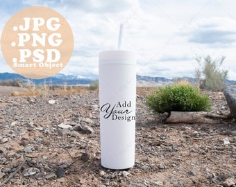 16 oz Skinny Tumbler Mockup, White Cup with Lid, Mountain Background (PSD)