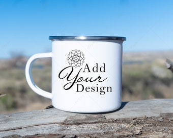 Enamel Mug Mockup, JPG to overlay your Design, White Camping Mug with Silver Rim, Lifestyle Photo Outdoors Scenery, Mug Sitting on a Log