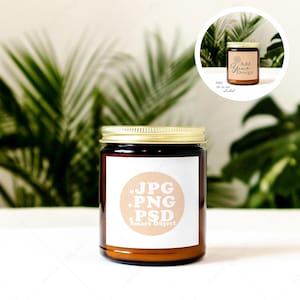 May include: A brown glass candle jar with a gold lid and a white label. The label has a peach-colored circle with the text "JPG, PNG, PSD Smart Object" in white.