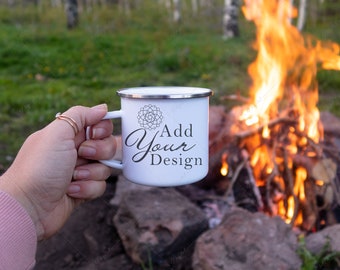 Camp Mug Mockup by the campfire, JPG Photo, White Enamel Mug with Silver Rim in the forest during summer with a camp fire pit, outdoors