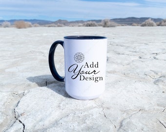 15 oz Mug Mockup with Black Handle, JPG Desert Lifestyle Photo for Hiking Outdoors, Front View of Mug on the Ground in Desert Nature Scene