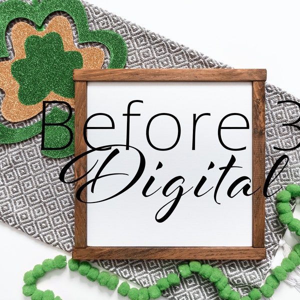 12x12 Wood Frame Mock Up St Patricks Day | Square Stock Photo | Blank Wood Sign | Styled Green Gold Clover | Flat Lay Empty Stained Brown