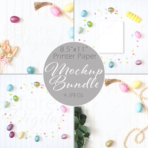 May include: A digital mockup bundle featuring four 8.5"x11" printer paper templates on a white paneled surface. The images are decorated with colorful glittery Easter eggs, wooden bead garlands, yellow marshmallow chicks, and green foliage.