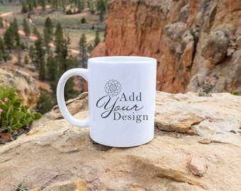 Mug Mockup on the Mountain Top, 11 oz Ceramic Mug Product Photo with red rock landscape background, JPG of Blank White Coffee Cup