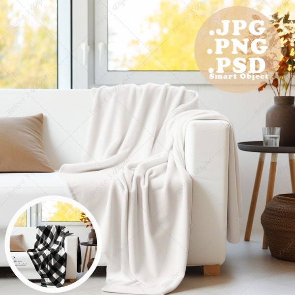 Sherpa Fleece Blanket Mockup 50x60 in living room on a sofa Autumn PSD smart object and PNG white blanket for sublimation pod styled product