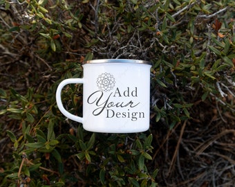 Camp Mug Mockup out in Nature, JPG Photo, White Enamel Mug with Silver Rim in the forest with a plant, Green leaves, Earthy Look