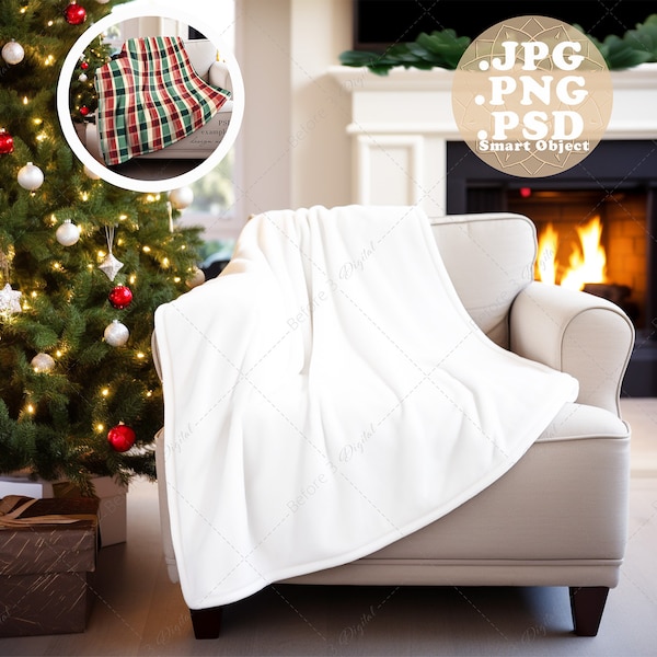 Velveteen Blanket Mockup 50x60 in Living Room with Christmas Tree, PSD smart object and PNG, white blanket for pod, styled product decor