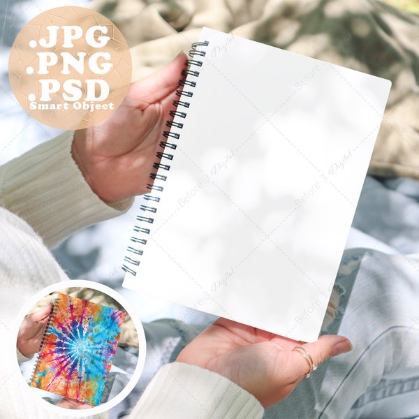 Spiral Notebook Mockup Held by a Woman Outside Under Trees, 8x6 inch Mock up Realistically Fits Under Spirals, PSD Smart Object, PNG, JPG
