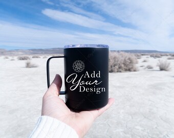 Black Mug Mockup, Desert Lifestyle Photo for Hiking Outdoors, Mug on top of hand in Desert Scene, Metal Black Mug with Clear Lid JPG