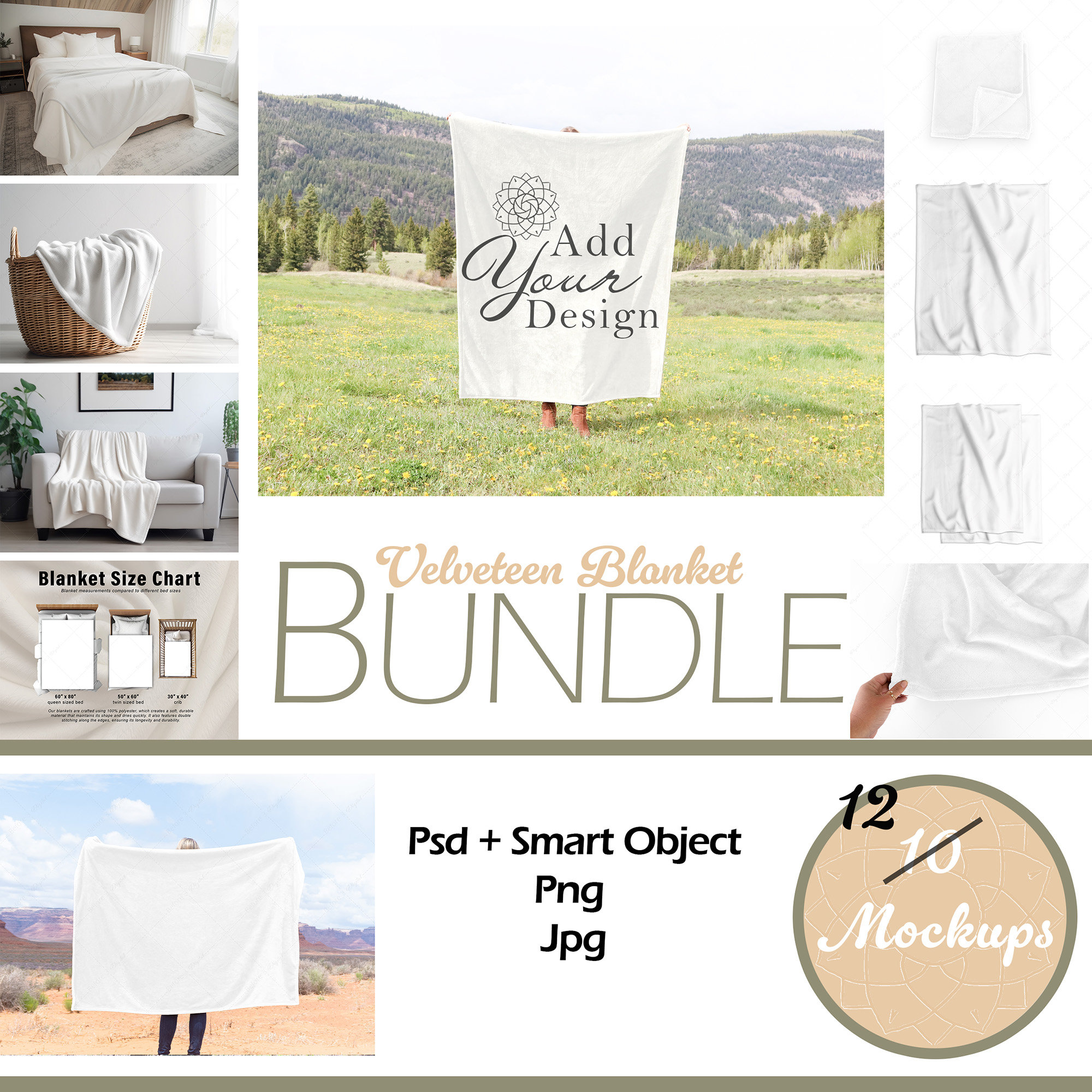Velveteen Blanket Mockup Bundle, 12 Mockups, Outdoor and Indoor settings, Blanket held up, Blanket Size Chart and more, PSD smart objects