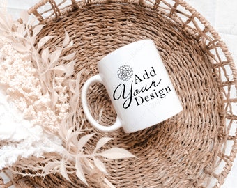 White Mug Mockup, Boho Floral Coffee Cup, 11 oz Ceramic (Digital Image)