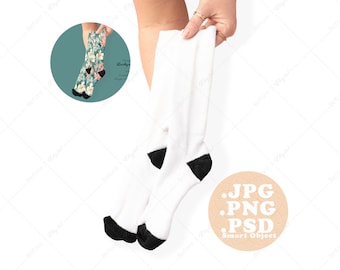 Crew Socks Mockup, Black Heel & Toe, Editable Background (PSD, PNG, JPG)