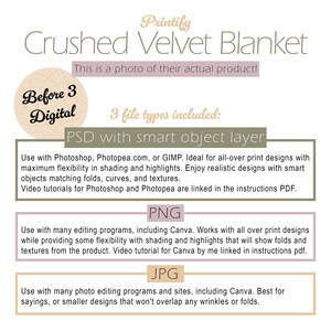 Może przedstawiać: Cyfrowy plik do pobrania z wzorem rozgniecionego aksamitnego koca w trzech formatach plik&oacute;w: PSD z inteligentną warstwą obiektu, PNG i JPG. Obraz przedstawia zbliżenie koca z zmarszczkami i fałdami. Tekst "Before 3 Digital" znajduje się w k&oacute;łku po lewej stronie obrazu. Tekst "3 file types included" znajduje się w środku obrazu. Tekst "PSD with smart object layer" znajduje się w ramce po lewej stronie obrazu. Tekst "PNG" znajduje się w ramce po lewej stronie obrazu. Tekst "JPG" znajduje się w ramce po lewej stronie obrazu.