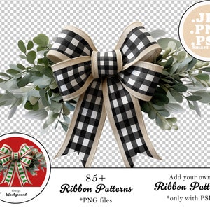 May include: A black and white checkered ribbon bow with a burlap center, tied around a sprig of green eucalyptus leaves. The image includes the text "85+ Ribbon Patterns *PNG files" and "Add your own Ribbon Patterns *only with PSD".
