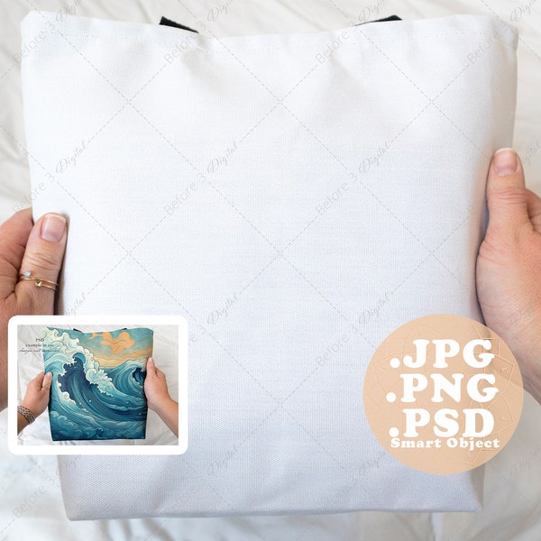 White Tote Bag Mockup, AOP Canvas Bag being held by two hands, Print on Demand Product with White Background, PSD Smart Object, PNG, jpg