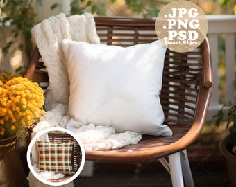 Square Pillow Mockup for Fall PSD smart object PNG and JPG Autumn Throw Pillow Mock up on Front Porch Seasonal Lifestyle Photo for decor