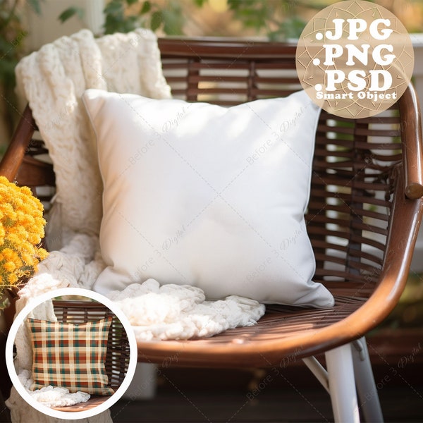 Square Pillow Mockup for Fall PSD smart object PNG and JPG Autumn Throw Pillow Mock up on Front Porch Seasonal Lifestyle Photo for decor