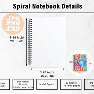 Spiral Notebook Size Chart Mockup, actual size 7.99 x 5.98, 8x6 inch Mock up on White Marble Countertop, PSD Smart Object, PNG, JPG