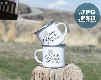 Enamel Mug Mockup Set, Lifestyle Photo, Silver Rim (PSD, JPG)