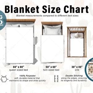 May include: A chart showing the different sizes of blankets for various bed sizes. The chart shows a queen-sized bed with a 60" x 80" blanket, a twin-sized bed with a 50" x 60" blanket, and a crib with a 30" x 40" blanket. The chart also includes information about the material and stitching of the blankets.