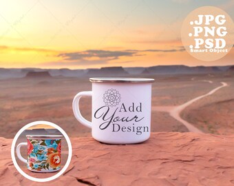 Enamel Camping Mug Mockup with a Sunset over the Desert in the Background, PSD with Smart Object, JPG, and PNG, Cup Silver Rim Mountain Top