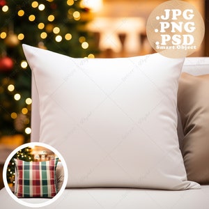 Christmas Pillow Mockup Square PSD smart object PNG and jpg Holiday Throw Pillow Seasonal Livingroom Photo for Festive Interior Decor