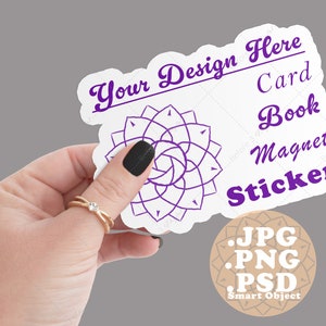 May include: A white rectangular card with scalloped edges featuring a purple mandala graphic and the text Your Design Here Card Book Magnet Sticker. A circular tan graphic in the corner displays the text .JPG .PNG .PSD Smart Object in white.