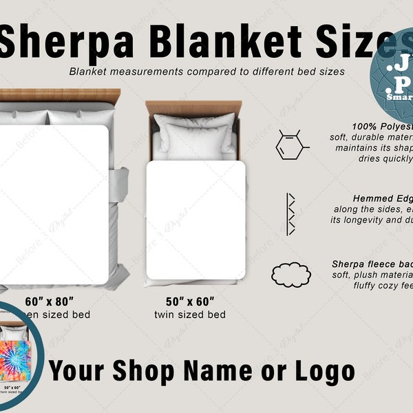 Sherpa Blanket Size Chart Mockup, PSD smart object and JPG, add your design pod sublimation, Neutral Colors, 2 sizes - Queen and Twin size
