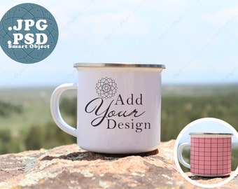 Enamel Mug Mockup on a Granite Mountain overlooking a green valley in the background, PSD with Smart Object, JPG, Camping Mug Silver Rim
