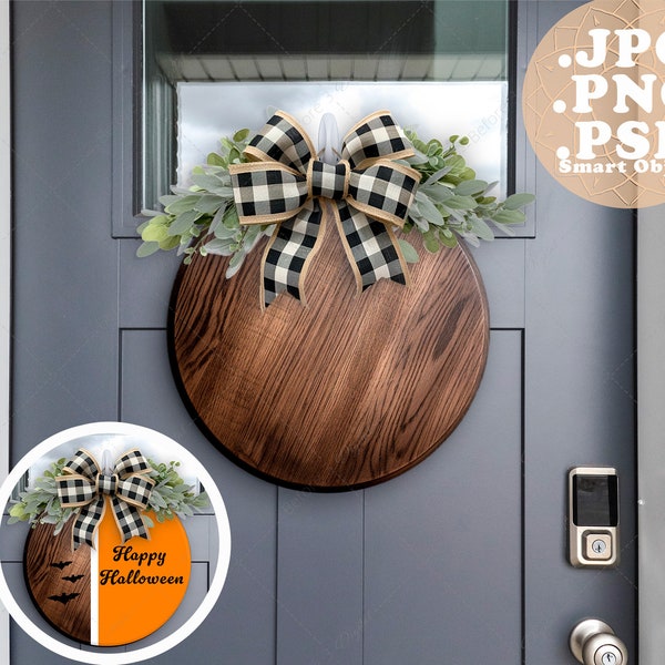 Door Hanger Mockup Dark Stain, PSD Smart Object, JPG PNG, Editable Sign Color, Circle Farmhouse Round Wood Sign on Front Door, Styled Photo