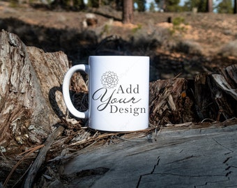 11oz Mug Mockup, Lifestyle Product Photo on a Stump in the forest in the evening light, Coffee Cup out in nature, Solid White Blank Mug JPG