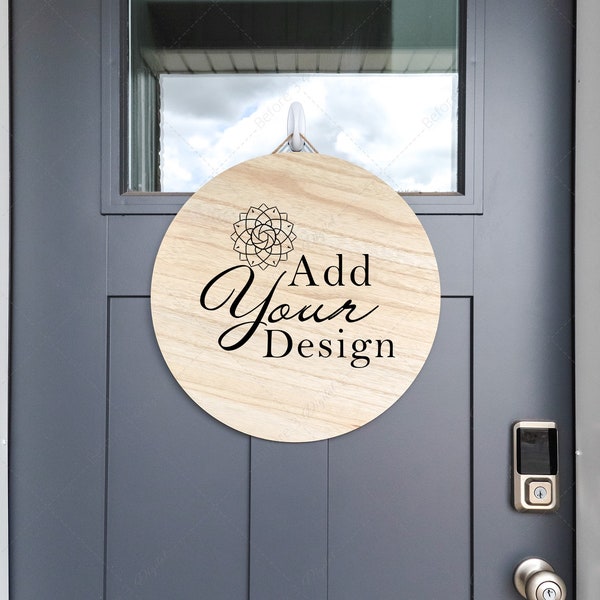 Round Wood Sign Mockup Frame PSD Smart Object, JPG PNG, Editable Sign Color, Circle Farmhouse Wood Sign on Gray Door, Styled Photo