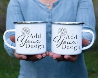 Enamel Camp Mug Set Mockup, Holding Mugs in Hands Lifestyle Photo in the forest, JPG to overlay your Design, White Camping Mug Silver Rim
