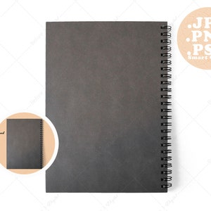 Spiral Notebook Mockup Back Cover Gray, White Background 8x6 inch Journal Mockup Design Edit Background PSD Smart Object PNG JPG