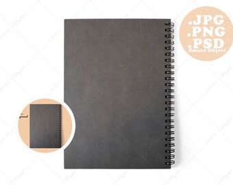 Spiral Notebook Mockup Back Cover Gray, White Background 8x6 inch Journal Mockup Design Edit Background PSD Smart Object PNG JPG