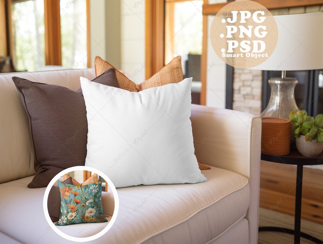 Pillow Mockup in Living Room, Blank Throw Pillow, PSD Smart Object PNG