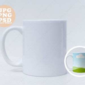 White Mug Mockup with PSD Smart Object, PNG with Canva Frame, JPG, Mug on Solid White Background, Plain White, No background