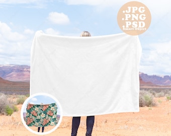 Velveteen Blanket Mockup held up by person overlooking Desert Valley, Mock up for Adventure Outdoors and Nature, PSD smart object and PNG
