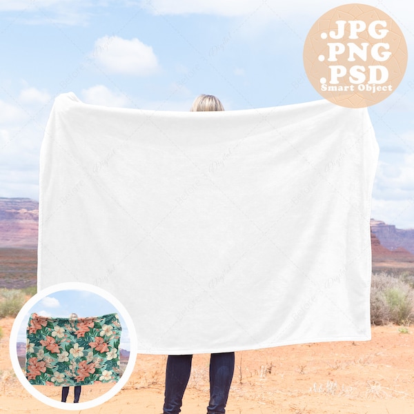 Velveteen Blanket Mockup held up by person overlooking Desert Valley, Mock up for Adventure Outdoors and Nature, PSD smart object and PNG