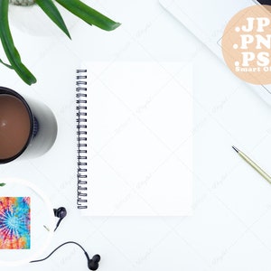 Spiral Notebook Mockup on a White Desk with Laptop and Coffee, 8x6 inch Mock up Realistically Fits Under Spirals, PSD Smart Object, PNG, JPG