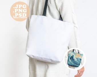 White Tote Bag Mockup, AOP Canvas Bag over Shoulder, Held by model, Print on Demand Product, White Background, PSD Smart Object, PNG, jpg