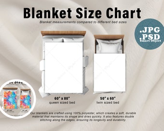 May include: A blanket size chart showing measurements for queen (60" x 80") and twin (50" x 60") beds. The image includes a tie-dye blanket design and text that reads "Blanket Size Chart". The blankets are made of 100% polyester.