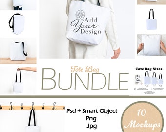 Tote Bag Mockup Bundle, Canvas AOP Bag Size Chart (psd, png, jpg)